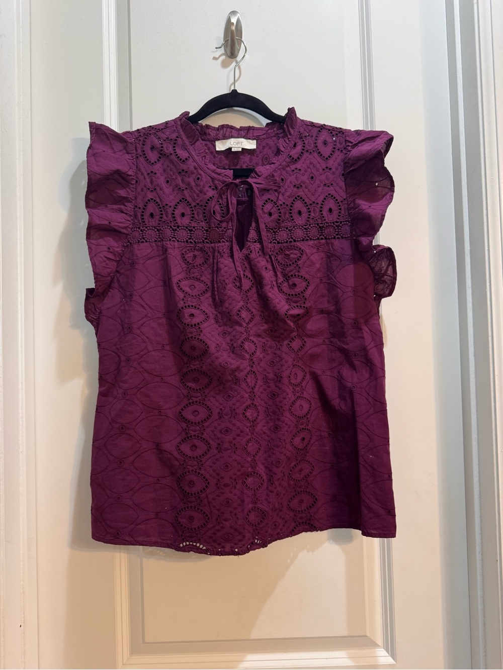 LOFT Burgundy Eyelet Ruffles Top Medium Short Sleeve  Embroidered Front Tie
